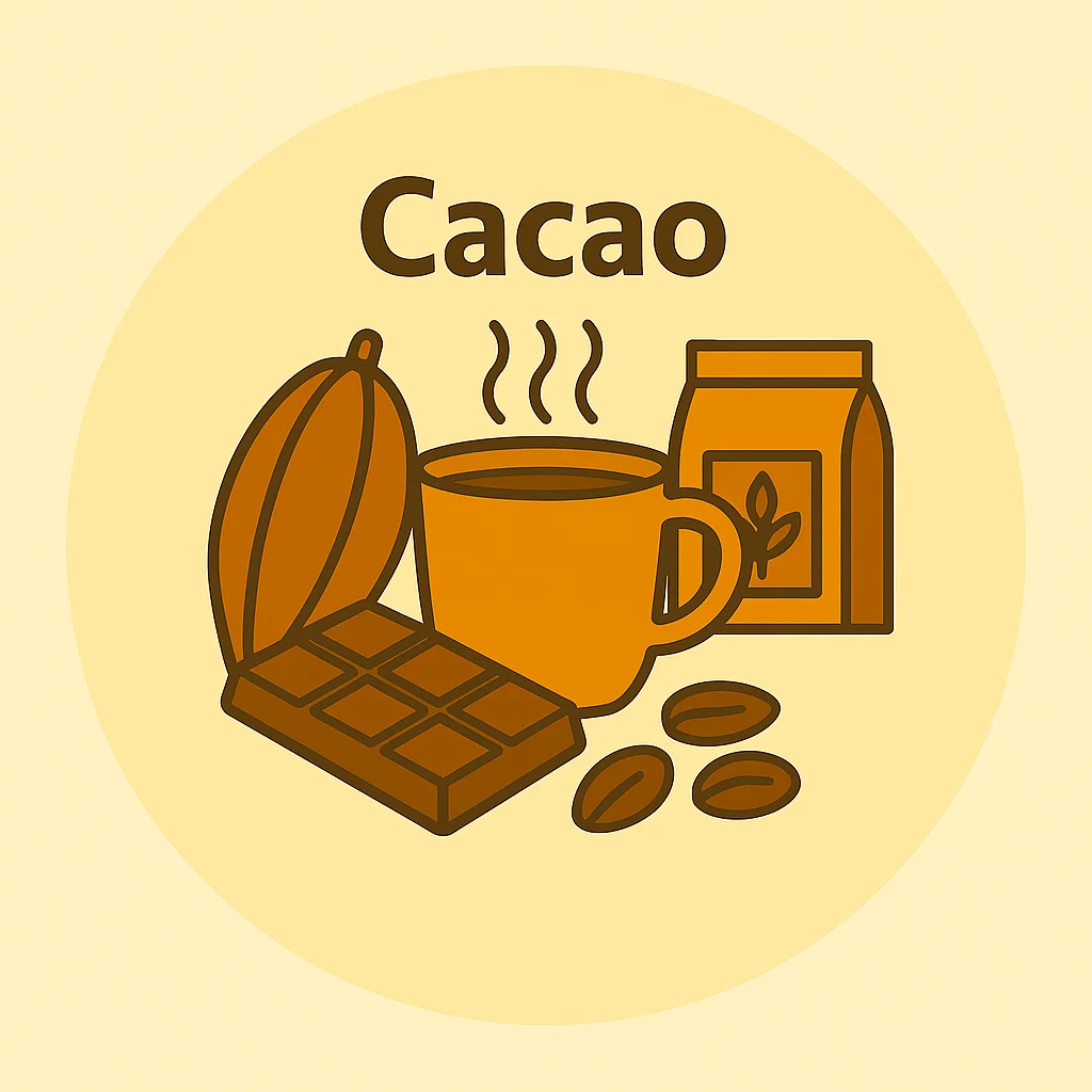 ilustración categoría cacao okira taza cacao semillas tableta y paquete